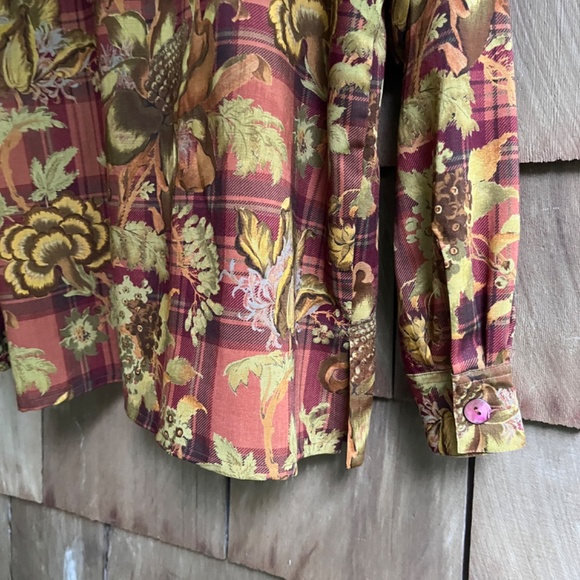 JAEGER Vintage Grate Britain 💯 Wool Brown Checked Floral Shirt Blouse Button Up - Picture 12 of 14